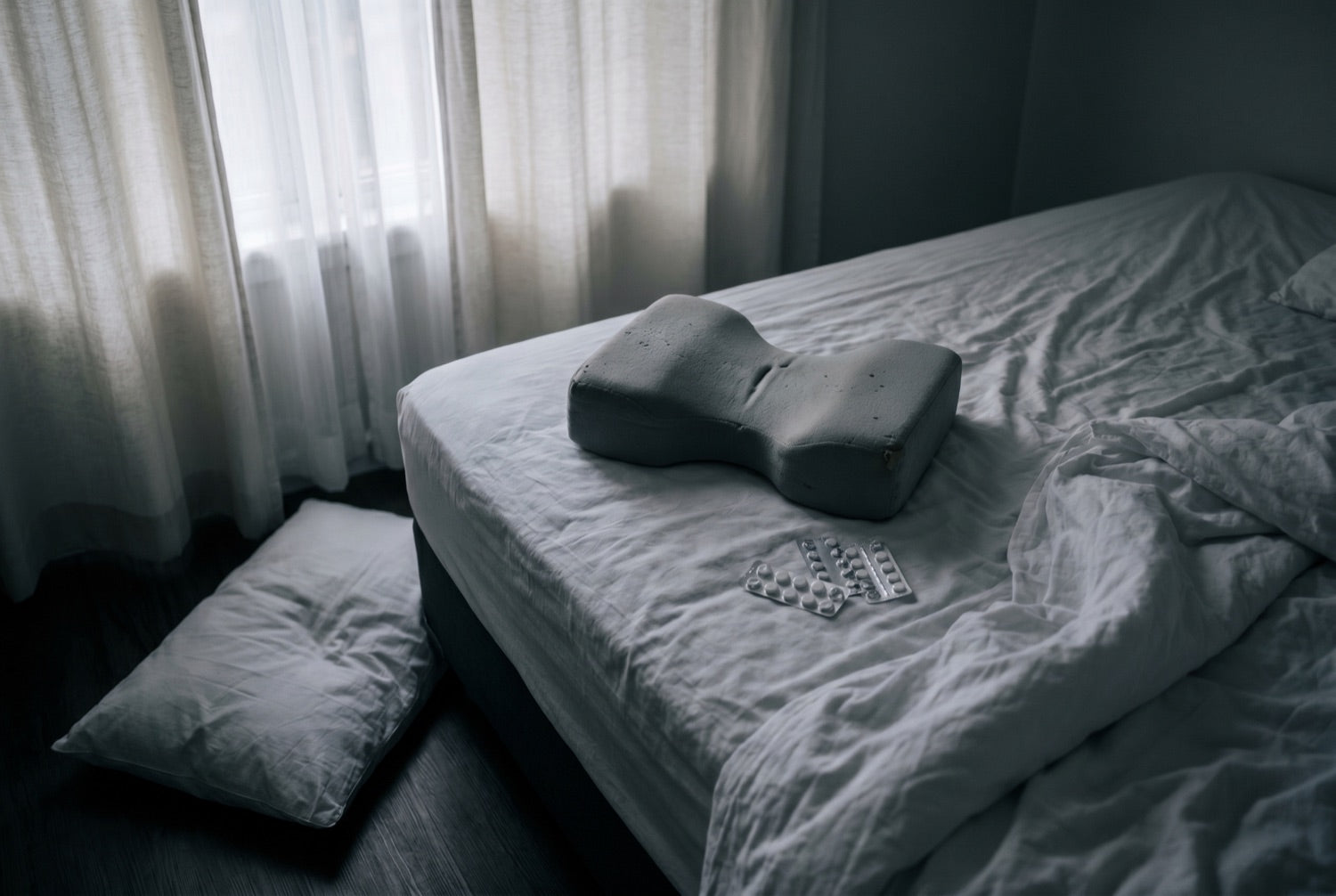 Un coussin ordinaire tombé par terre, des médicaments et un coussin bon marché aplati