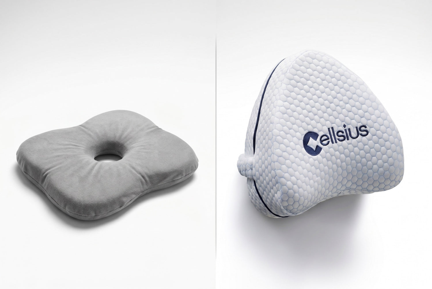 À gauche un coussin bon marché troué et aplati, à droite le Coussin Genoux Cellsius ferme et galbé