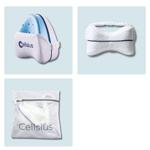 Gros plan sur le coussin de genoux Cellsius blanc et bleu, en mousse à mémoire de forme, avec le logo brodé.