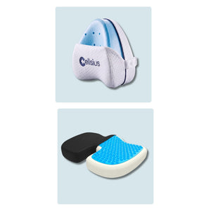 Un kit de coussins orthopédiques Cellsius, comprenant un coussin de genoux blanc et bleu en mousse à mémoire de forme et un c