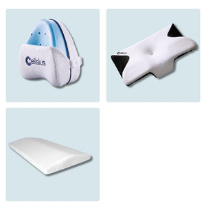 Trois coussins orthopédiques Cellsius, un kit complet en mousse à mémoire de forme blanche et bleue, pour un sommeil réparate
