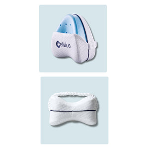 Coussin de genoux Cellsius blanc en mousse à mémoire de forme avec insert bleu, visible sous un angle, offrant un soulagement