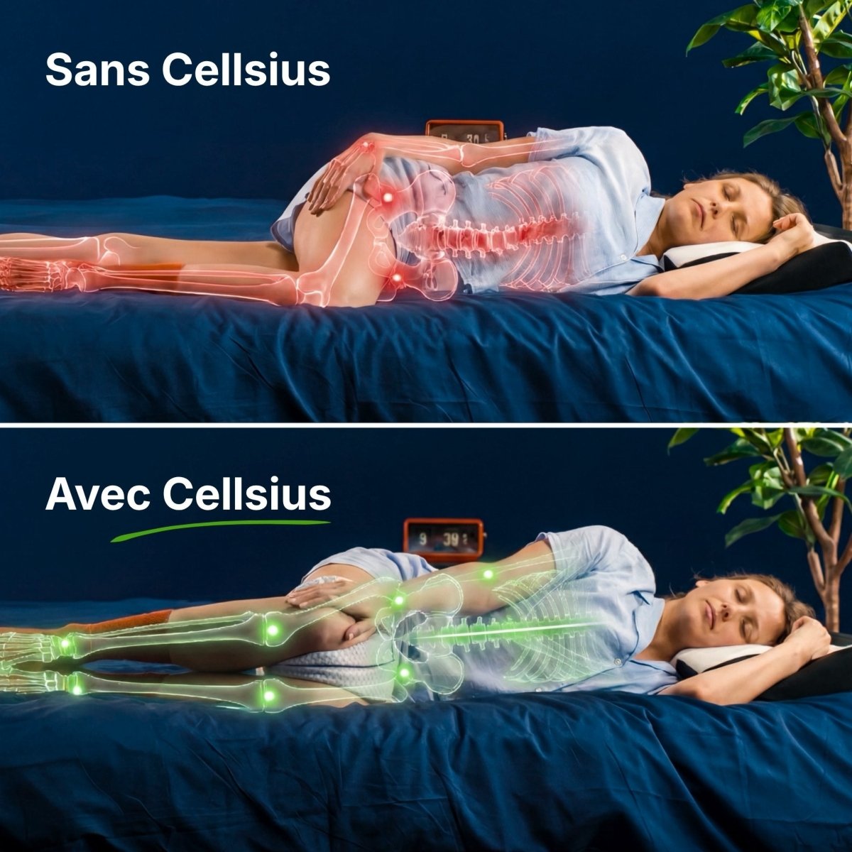 Avec le Coussin Genoux Cellsius entre les genoux, les hanches restent à niveau et la colonne droite