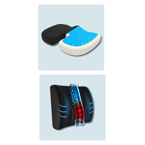 Un kit Cellsius de coussins orthopédiques, comprenant un coussin de siège noir et un coussin lombaire avec un insert en gel b