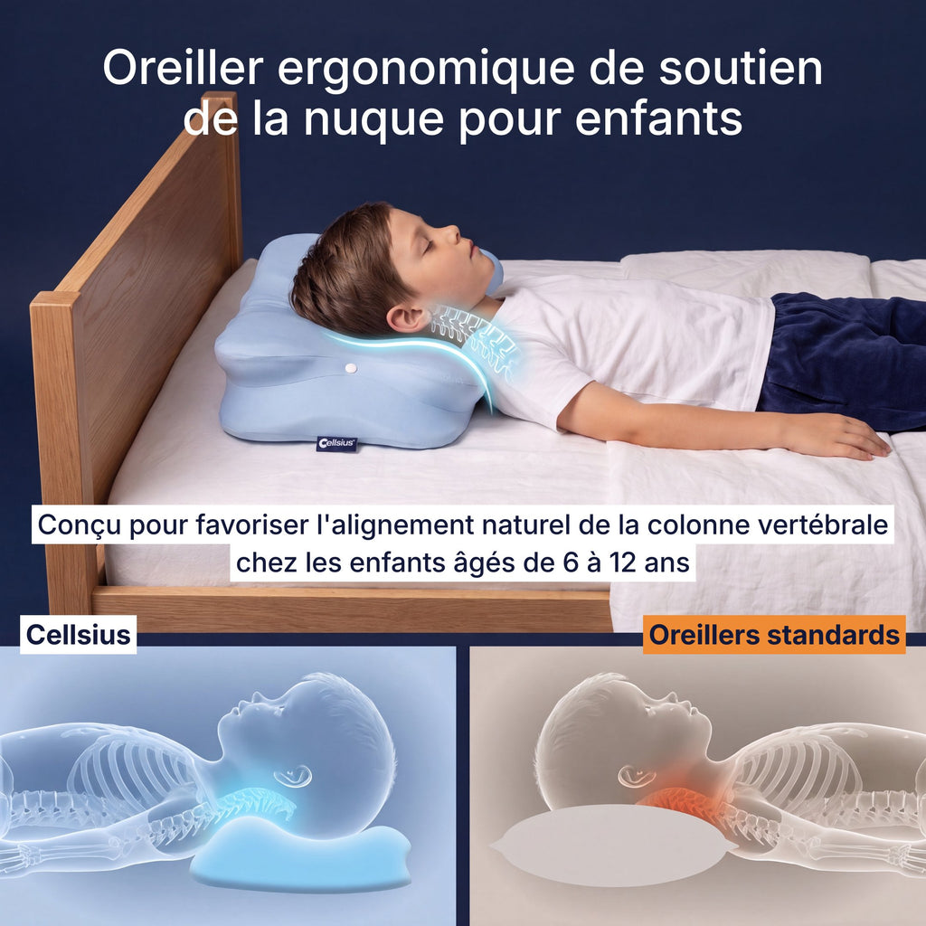 Oreiller ergonomique Cellsius alignant la colonne de l'enfant de 6 à 12 ans, comparé à un oreiller standard