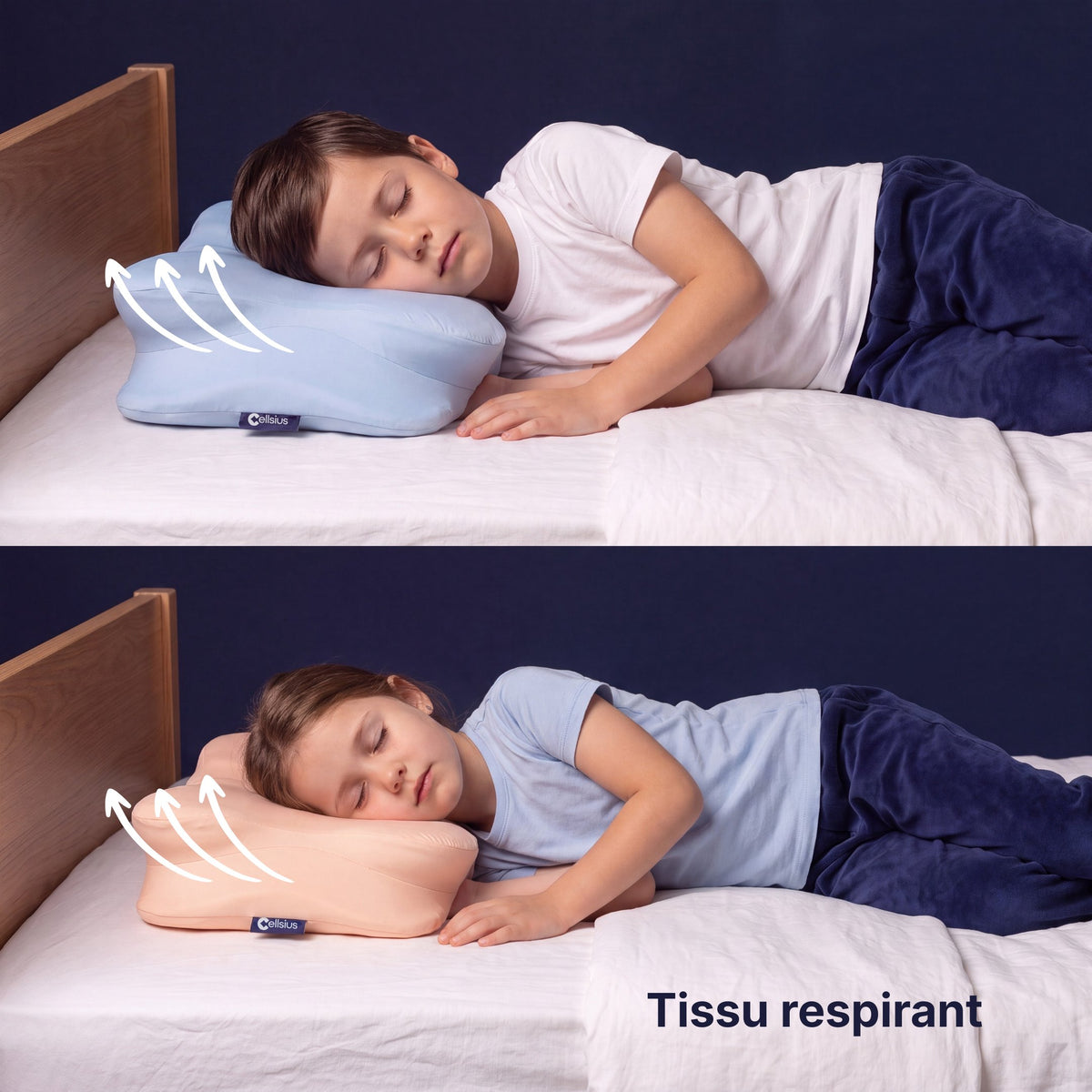 Tissu respirant de l'oreiller ergonomique Cellsius pour enfant avec circulation de l'air, en bleu et rose