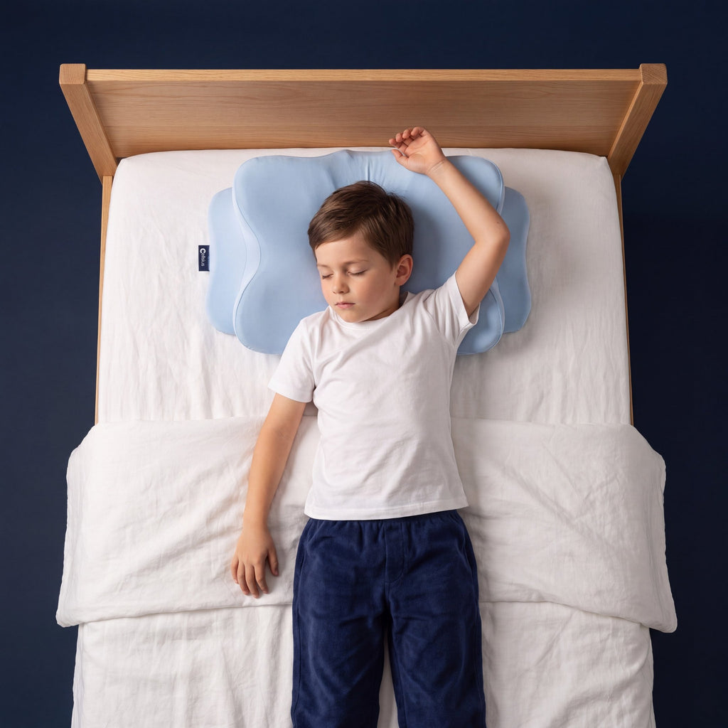 Vue de dessus d'un enfant dormant sur le dos, tête bien positionnée sur l'oreiller ergonomique Cellsius